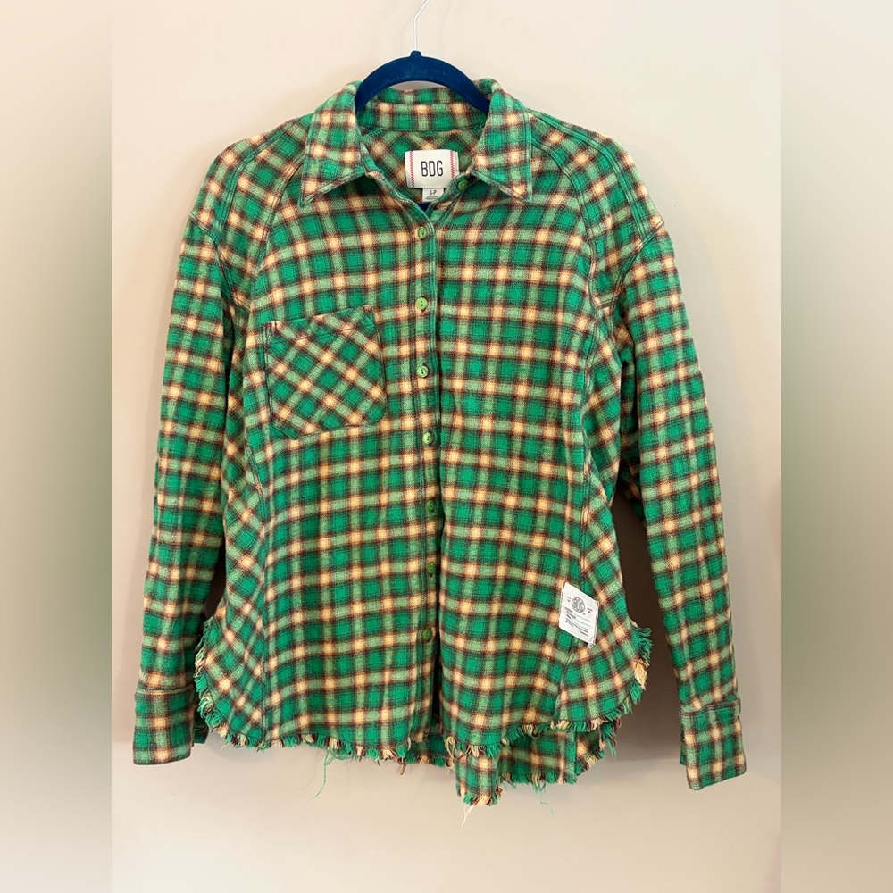 BDG Brixton Plaid Flannel Button Down Distressed Raw Hem Long Sleeve Shirt Top